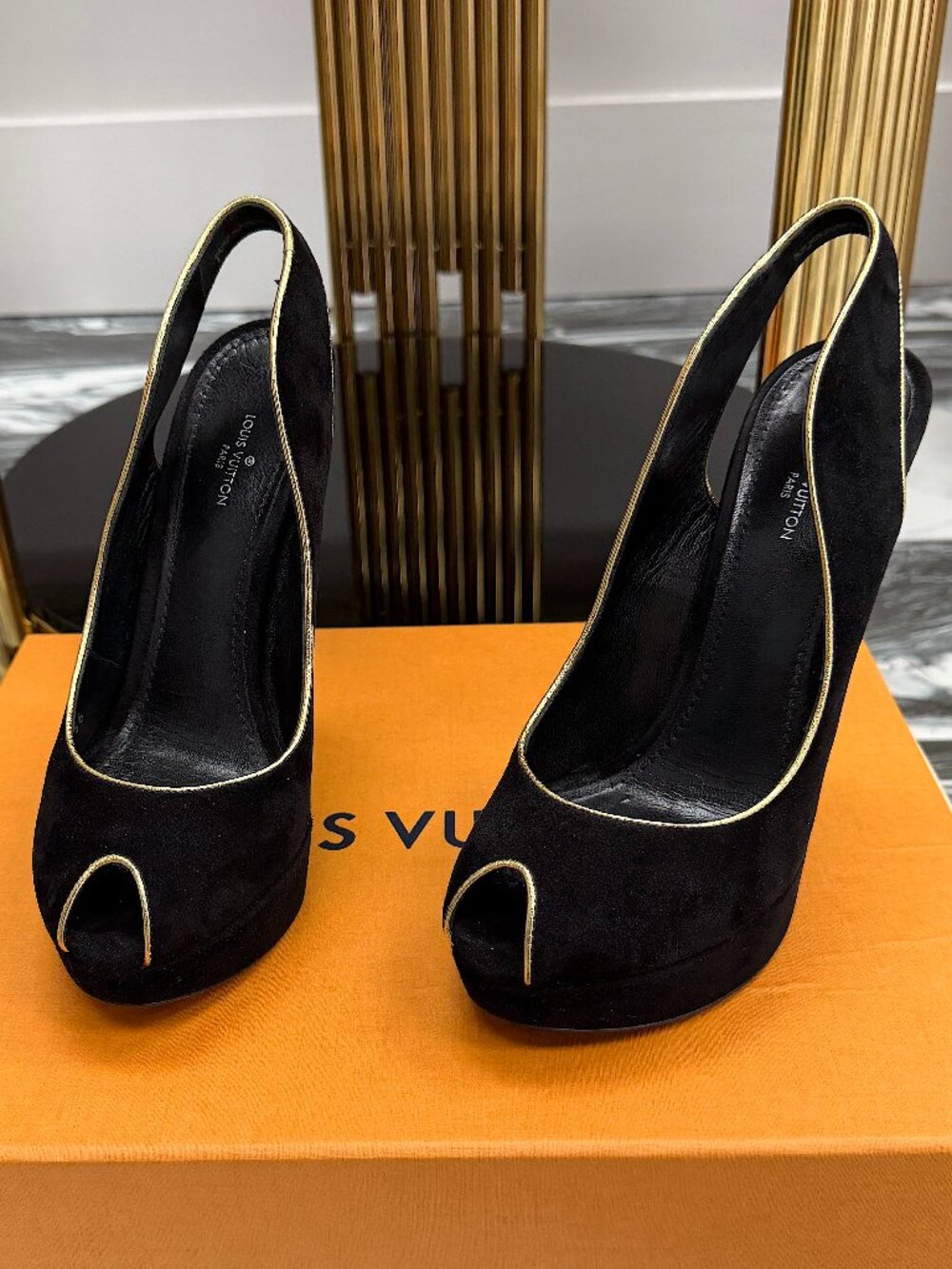 Louis Vuitton Black Suede Platform Heels Gold Heel Peep Toe Pumps Size 37 - Picture 11 of 16